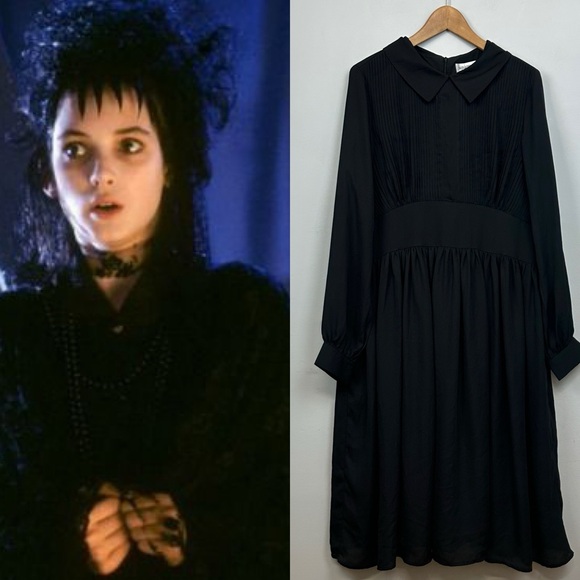 NWT Unique Vintage Black Gothic 1940’s Mourning Pintuck Lydia Deetz Dress Sz 1X - Picture 1 of 9